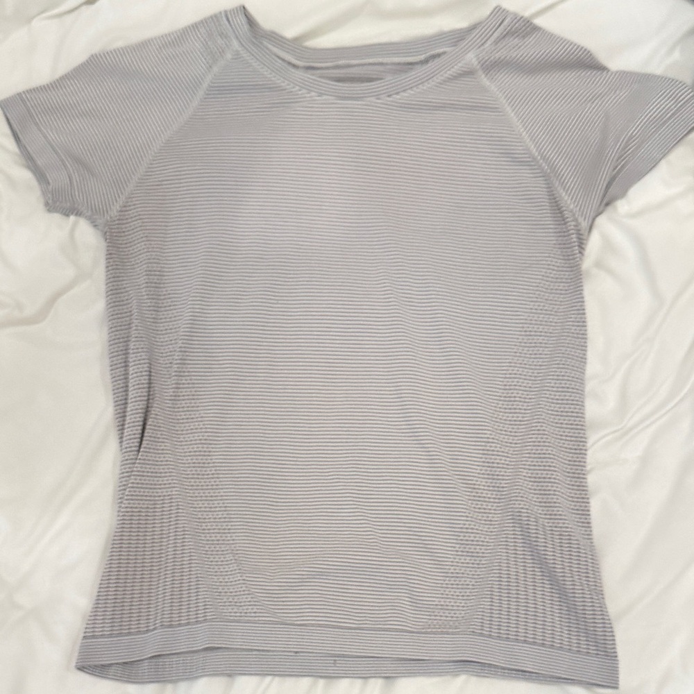 Athleta Light Gray Striped Short Sleeve Tee